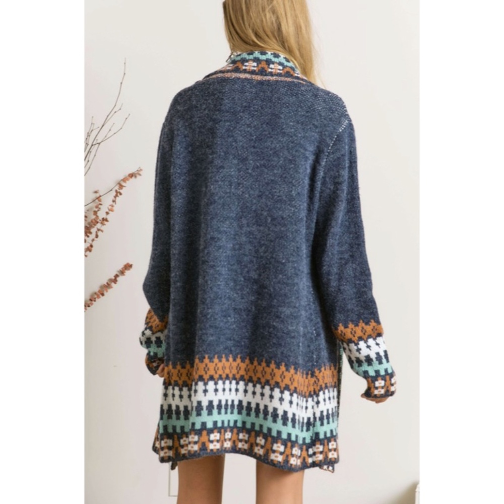 SOLD OUT Navy Tribal Pattern Knit Open Front Cardigan Fall Winter Boho Bohemian - Picture 5 of 5